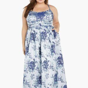 Morgan & Co Juniors Long Floral Brocade Ball Gown Spaghetti Straps Cut Out Back